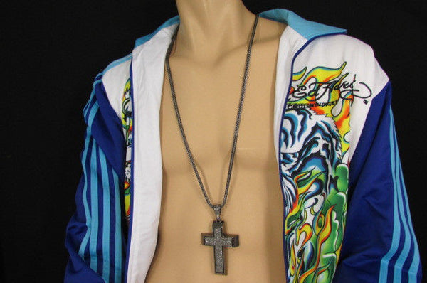 Pewter / Silver Metal Chains Long Necklace Boarded Cross Pendant New Men Hip Hop Fashion - alwaystyle4you - 15