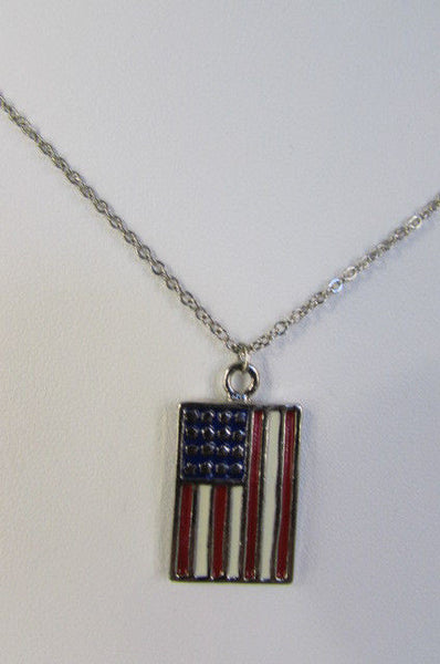 USA American Flag Star/Square/Heart Silver Metal Necklace + Matching Earring Set New Women - alwaystyle4you - 34