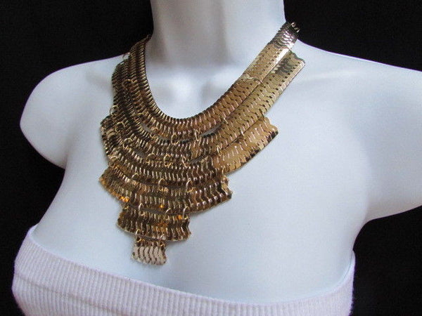 Wide 6 Strands Gold Links Chains Metal Statement Necklace + Matching Earrings Set New Women - alwaystyle4you - 10