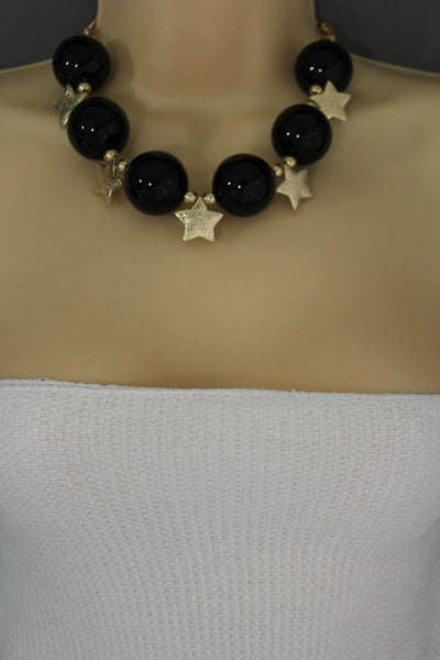Black / Silver / Gold / Red / White Metal Stars Ball Beads Short Ivory Necklace + Earring Set New Women Fashion Jewelry - alwaystyle4you - 25