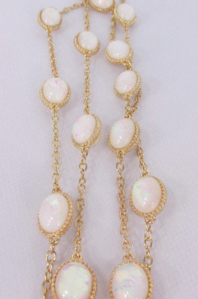Extra Long Gold Chains Shiny Cream Beads Fashion Necklace + Earrings Set New Women 26" - alwaystyle4you - 13