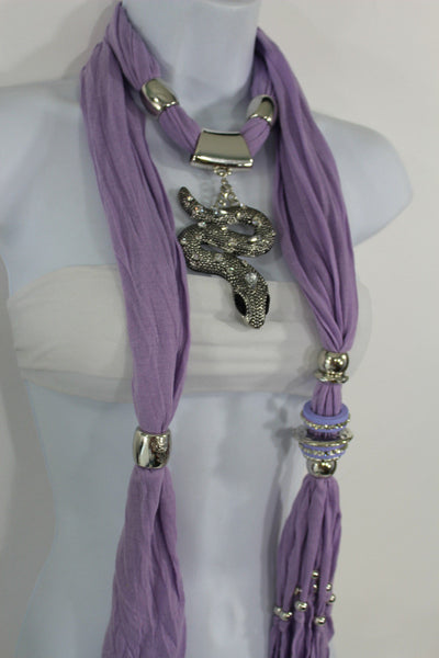 Women Lavender Fashion Scarf Fabric Silver Metal Snake Pendant Necklace Lilac - alwaystyle4you - 10