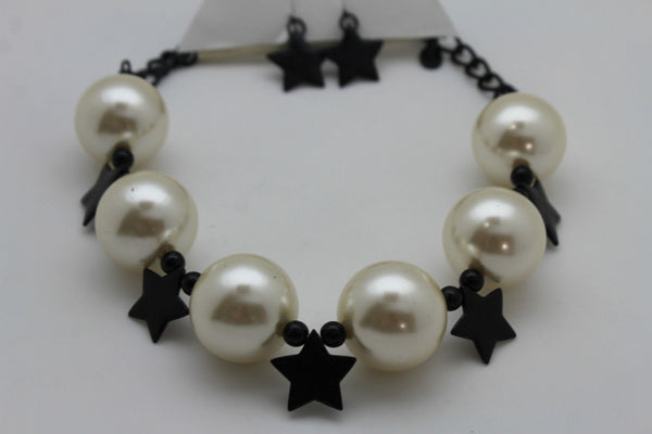 Black / Silver / Gold / Red / White Metal Stars Ball Beads Short Ivory Necklace + Earring Set New Women Fashion Jewelry - alwaystyle4you - 14