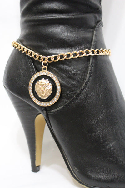 Gold / Sikver Metal Boot Chains Bracelet  Black Big Lion Head Round Coin Anklet Shoe Charm New Women Western Fashion accessories - alwaystyle4you - 11