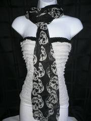 Women Black Scarf Gray Beautiful Skulls Skeleton Drawing Soft 100% Polyester - alwaystyle4you - 1