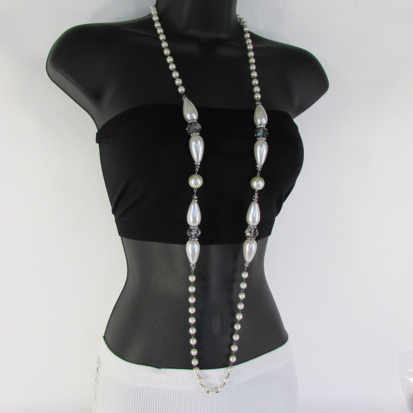 Long Imitations Pearls Necklace Small Gray Beads Beige Silver Color + Earrings Set Women Fashion - alwaystyle4you - 1