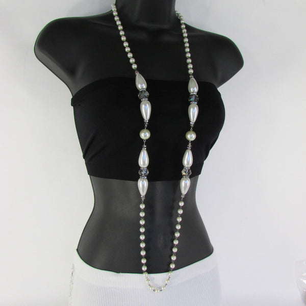 Long Imitations Pearls Necklace Small Gray Beads Beige Silver Color + Earrings Set New Women Fashion - alwaystyle4you - 1