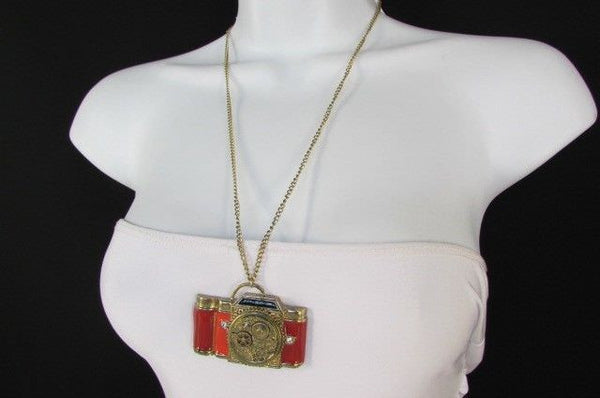 Old Fashion Collector Camera Red Orange Long Rusty Gold New Women Necklace - alwaystyle4you - 6