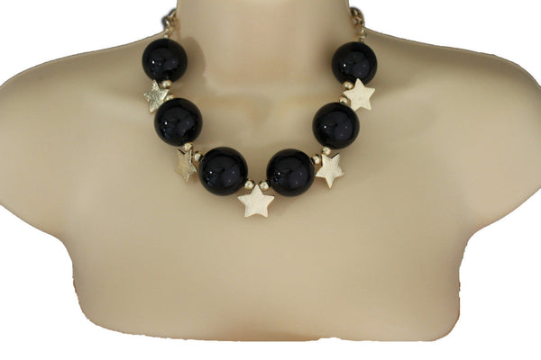 Black / Silver / Gold / Red / White Metal Stars Ball Beads Short Ivory Necklace + Earring Set New Women Fashion Jewelry - alwaystyle4you - 17
