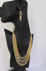 Gold Short Metal Chunky Thick 3 Chains Necklace + Earrings Set Women Fashion Jewelry - alwaystyle4you - 1