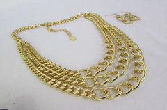 Gold Short Metal Chunky Thick 3 Chains Necklace + Earrings Set New Women Fashion Jewelry - alwaystyle4you - 2