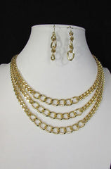 Gold Short Metal Chunky Thick 3 Chains Necklace + Earrings Set New Women Fashion Jewelry - alwaystyle4you - 3