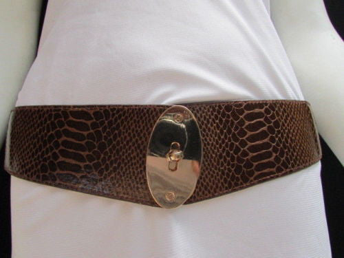 Brown Black Faux Leather Waist Hip Elastic Belt Big Gold Oval Buckle New Women Accessories XS-M