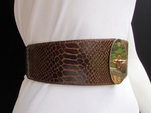 Brown / Black Faux Leather Waist Hip Elastic Belt Big Gold Oval Buckle New Women Fashion Accessories XS To M - alwaystyle4you - 10