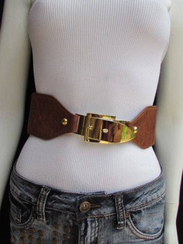 Dark Brown / Moca Brown Elastic Waist Hip Faux Leather Classic Gold Belt Buckle New Women Fashion Accessories S - M - alwaystyle4you - 6