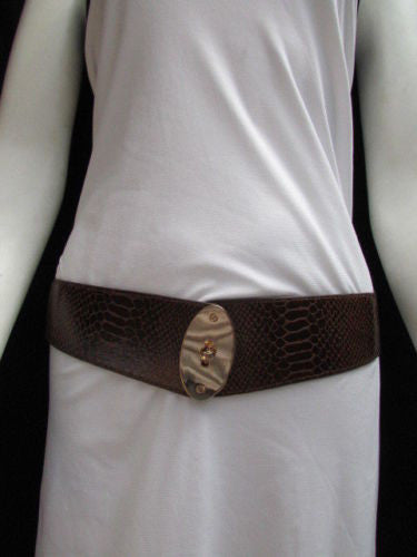 Brown / Black Faux Leather Waist Hip Elastic Belt Big Gold Oval Buckle New Women Fashion Accessories XS To M - alwaystyle4you - 11