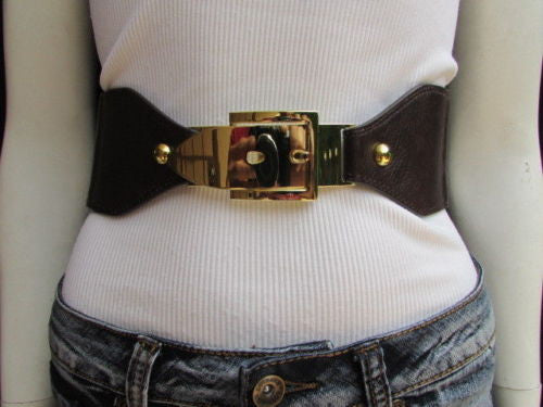 Dark Brown / Moca Brown Elastic Waist Hip Faux Leather Classic Gold Belt Buckle New Women Fashion Accessories S - M - alwaystyle4you - 9