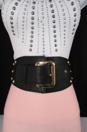 Dark Gray / Black Stretch Elastic Back Faux Leather Wide High Waist Hip Belt Gold Buckle Studs New Women Fashion Accessories S M - alwaystyle4you - 14