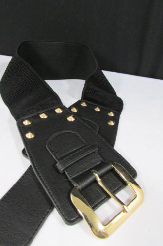 Dark Gray / Black Stretch Elastic Back Faux Leather Wide High Waist Hip Belt Gold Buckle Studs New Women Fashion Accessories S M - alwaystyle4you - 17