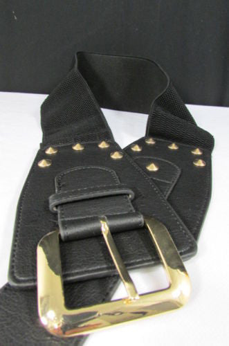 Dark Gray / Black Stretch Elastic Back Faux Leather Wide High Waist Hip Belt Gold Buckle Studs New Women Fashion Accessories S M - alwaystyle4you - 19