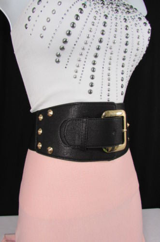 Dark Gray / Black Stretch Elastic Back Faux Leather Wide High Waist Hip Belt Gold Buckle Studs New Women Fashion Accessories S M - alwaystyle4you - 20