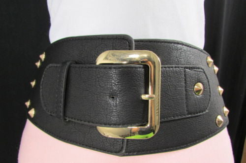 Dark Gray / Black Stretch Elastic Back Faux Leather Wide High Waist Hip Belt Gold Buckle Studs New Women Fashion Accessories S M - alwaystyle4you - 21