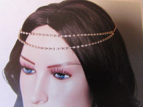 Silver Metal Head Chain Hair Piece Two Forehead Strands Rhinestones Women Accessories