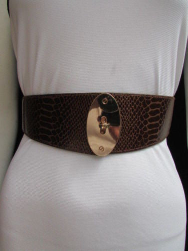 Brown / Black Faux Leather Waist Hip Elastic Belt Big Gold Oval Buckle New Women Fashion Accessories XS To M - alwaystyle4you - 14