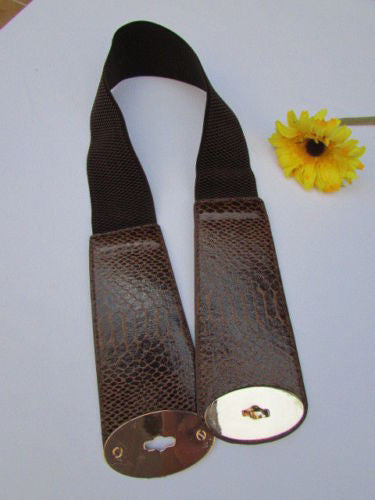 Brown / Black Faux Leather Waist Hip Elastic Belt Big Gold Oval Buckle New Women Fashion Accessories XS To M - alwaystyle4you - 3