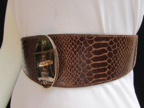Brown / Black Faux Leather Waist Hip Elastic Belt Big Gold Oval Buckle New Women Fashion Accessories XS To M - alwaystyle4you - 6