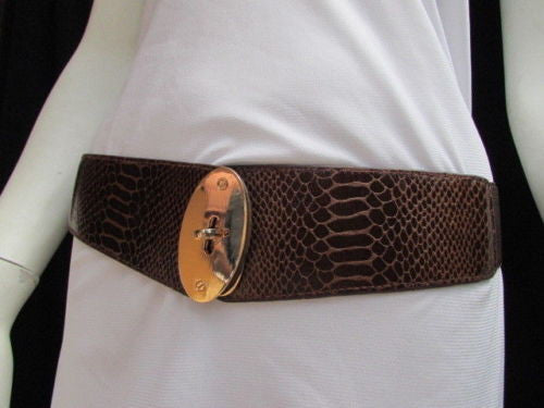 Brown / Black Faux Leather Waist Hip Elastic Belt Big Gold Oval Buckle New Women Fashion Accessories XS To M - alwaystyle4you - 7