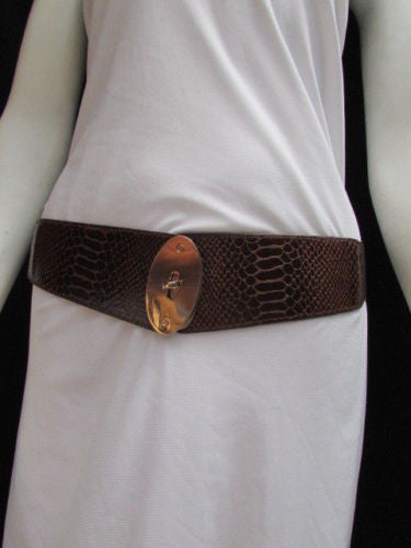 Brown / Black Faux Leather Waist Hip Elastic Belt Big Gold Oval Buckle New Women Fashion Accessories XS To M - alwaystyle4you - 8