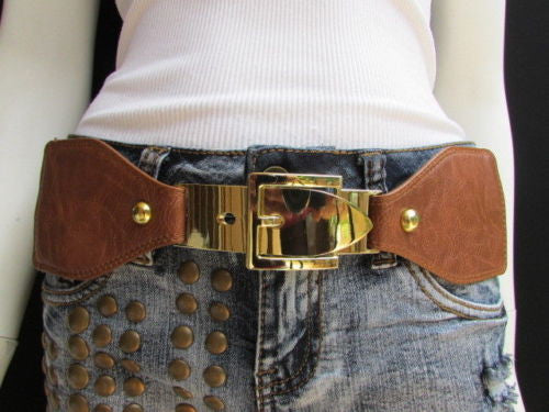 Dark Brown / Moca Brown Elastic Waist Hip Faux Leather Classic Gold Belt Buckle New Women Fashion Accessories S - M - alwaystyle4you - 20