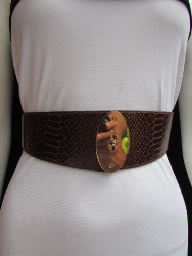 Brown / Black Faux Leather Waist Hip Elastic Belt Big Gold Oval Buckle New Women Fashion Accessories XS To M - alwaystyle4you - 9