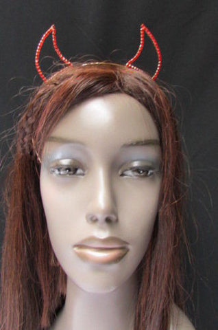 Red Silver Rhinestone Metal Head Band Small Devil Horn Ears Halloween Style Women Hair Accessories