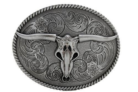 Brand New Men Silver Buckle Rodeo Western Fashion Bull Skull Texas Long Horns Cow Filigree