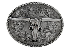Men Silver Buckle Rodeo Western Fashion Bull Skull Texas Long Horns Cow Filigree