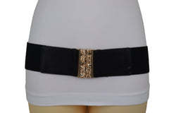 Fashion Black Elastic Waistband Fashion Belt Gold Metal Skulls Buckle Fit Size S M