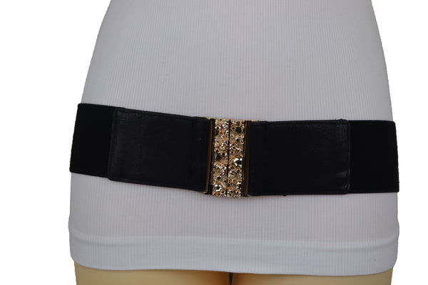 Brand New Women Fashion Black Elastic Waistband Fashion Belt Gold Metal Skulls Buckle Fit Size S M