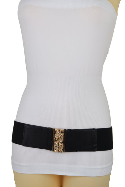 Brand New Women Fashion Black Elastic Waistband Fashion Belt Gold Metal Skulls Buckle Fit Size S M