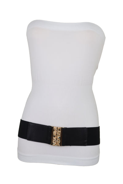 Brand New Women Fashion Black Elastic Waistband Fashion Belt Gold Metal Skulls Buckle Fit Size S M