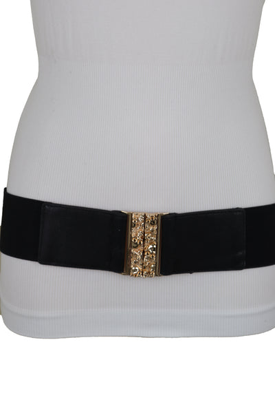 Brand New Women Fashion Black Elastic Waistband Fashion Belt Gold Metal Skulls Buckle Fit Size S M