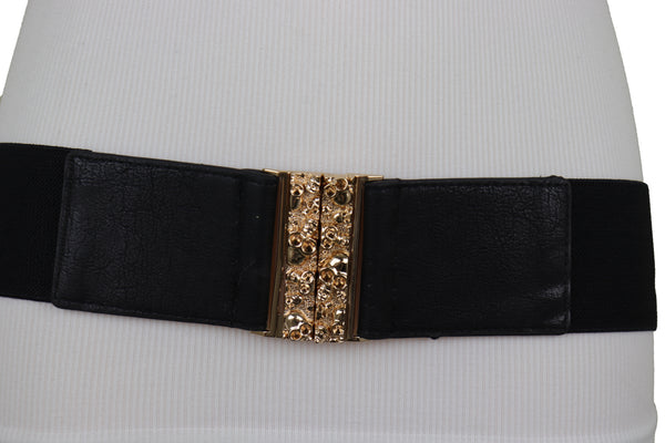 Brand New Women Fashion Black Elastic Waistband Fashion Belt Gold Metal Skulls Buckle Fit Size S M