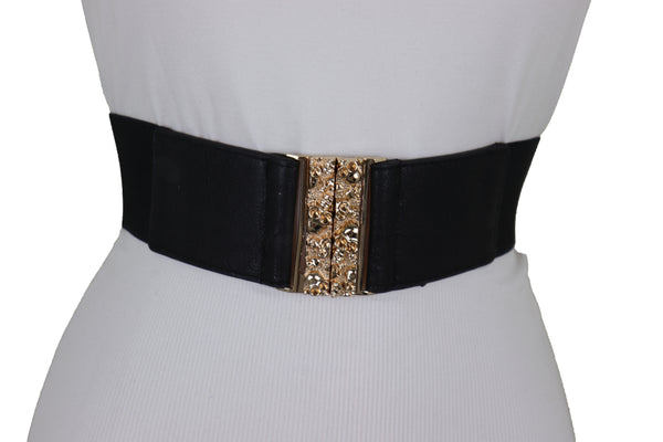 Brand New Women Fashion Black Elastic Waistband Fashion Belt Gold Metal Skulls Buckle Fit Size S M