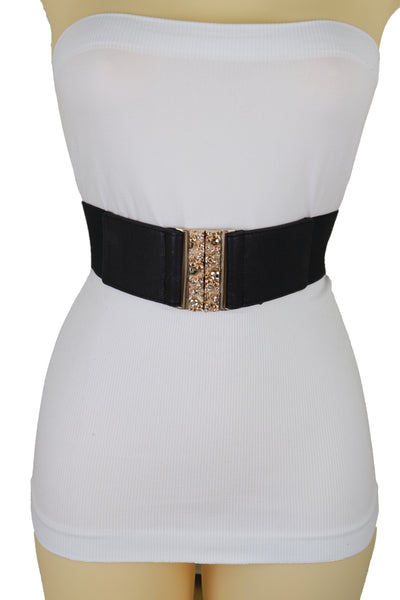Brand New Women Fashion Black Elastic Waistband Fashion Belt Gold Metal Skulls Buckle Fit Size S M