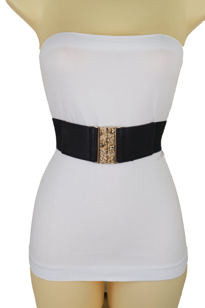 Brand New Women Fashion Black Elastic Waistband Fashion Belt Gold Metal Skulls Buckle Fit Size S M