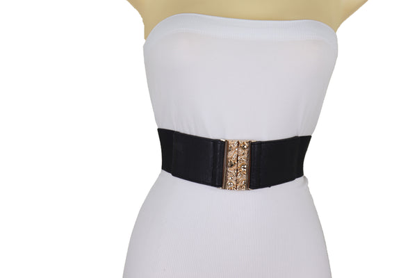 Brand New Women Fashion Black Elastic Waistband Fashion Belt Gold Metal Skulls Buckle Fit Size S M