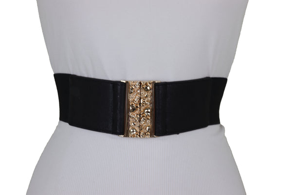 Brand New Women Fashion Black Elastic Waistband Fashion Belt Gold Metal Skulls Buckle Fit Size S M