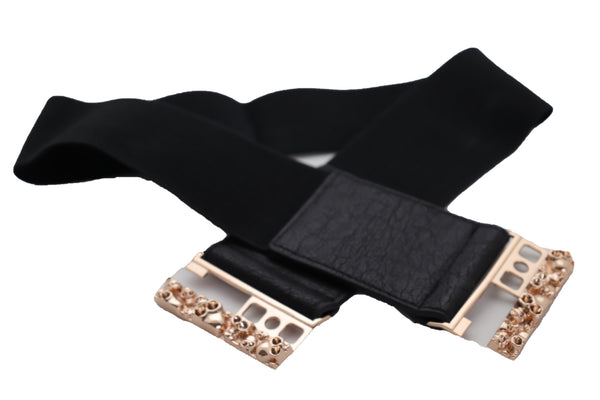 Brand New Women Fashion Black Elastic Waistband Fashion Belt Gold Metal Skulls Buckle Fit Size S M