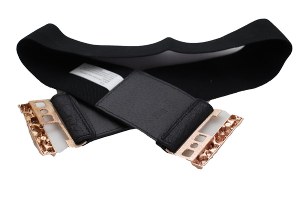 Brand New Women Fashion Black Elastic Waistband Fashion Belt Gold Metal Skulls Buckle Fit Size S M